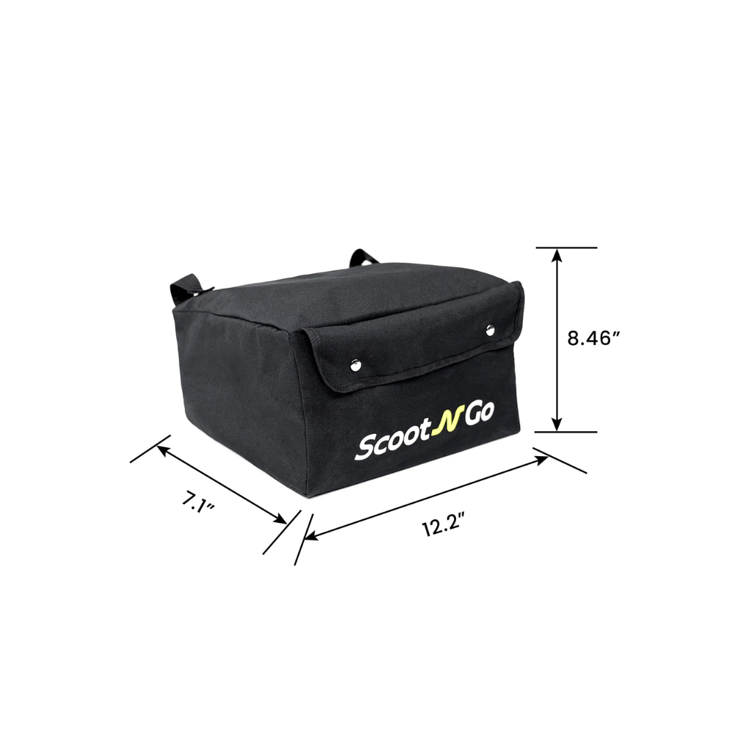 Storage Bag For ScootNgo Lite/Voyager in black, featuring a convenient flap design—ideal for your Lite Mobility Scooter or Voyager Mobility Scooter. Measures 12.2″ wide, 8.46″ tall, and 7.1″ deep. Displayed on a white background with dimensions clearly marked by lines and text.