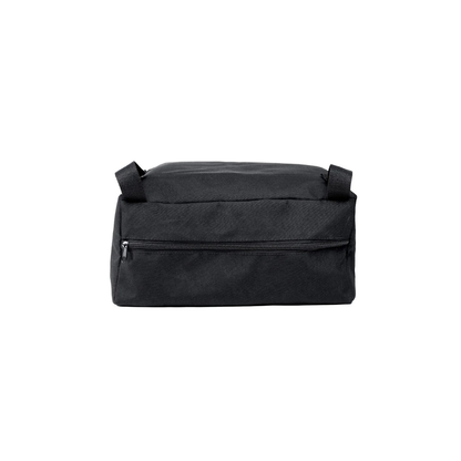 The Storage Bag For ScootNgo Lite/Voyager is a rectangular black fabric toiletry bag featuring a front zipper pocket and two small side handles, shown on a white background—ideal for keeping your essentials organized and within reach while using your Lite or Voyager Mobility Scooter.