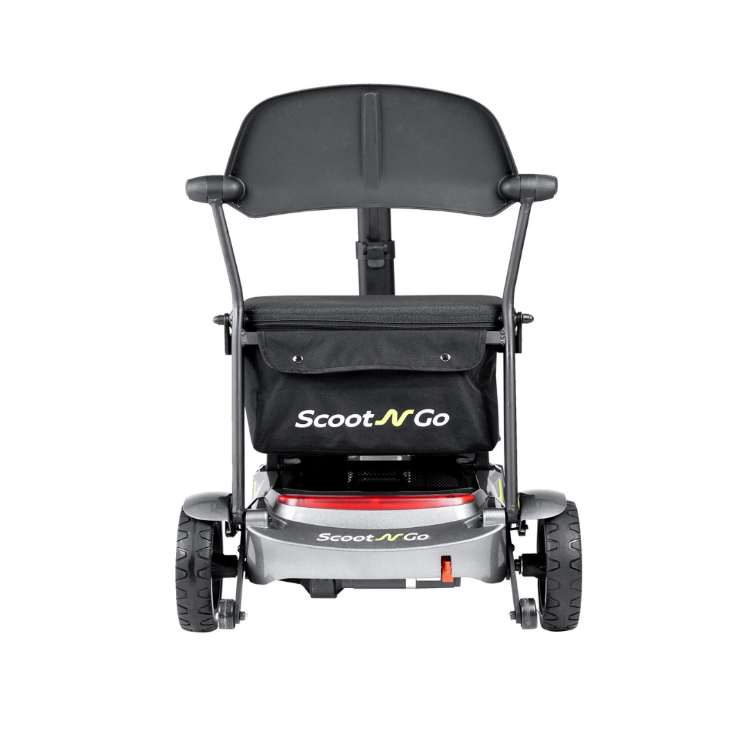 A rear view of a ScootNgo Lite Mobility Scooter fitted with a black seat, armrests, large wheels, and a Storage Bag For ScootNgo Lite/Voyager attached to the back.