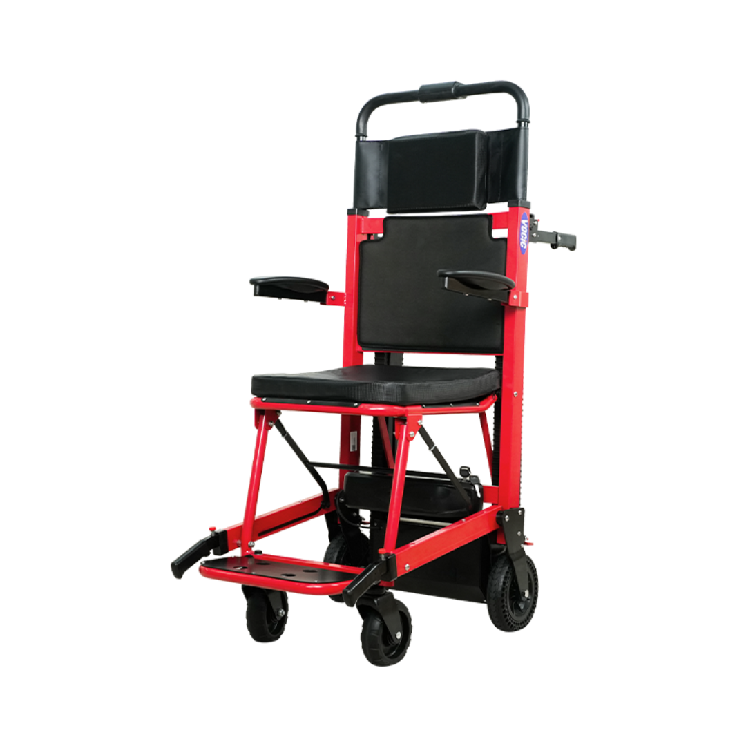 A red and black foldable wheelchair featuring four wheels, armrests, a footrest, and a headrest—designed for easy transport and mobility assistance—is the perfect solution for those seeking the convenience of an electric stair chair like the VOCIC AY04 Straight Electric Stair-Climbing Chair.
