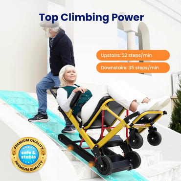 A woman in a yellow Straight Electric Stair-Climbing Chair | VOCIC AY04 is assisted down outdoor stairs by a man. Text highlights impressive climbing speeds of 22 steps per minute upstairs and 35 steps per minute downstairs. Premium quality and safe & stable badges emphasize the reliability of this heavy-duty stair chair.