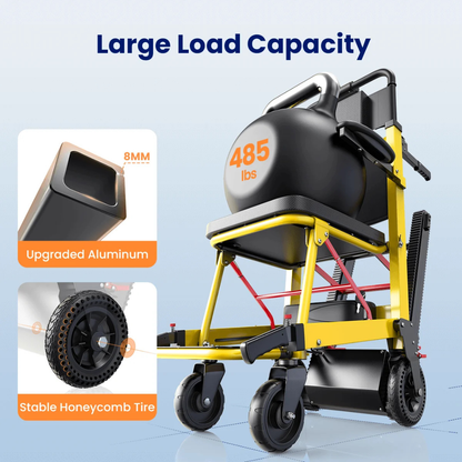 Yellow folding Straight Electric Stair-Climbing Chair | VOCIC AY04 featuring a black tank labeled 485 lbs on top. Insets highlight the upgraded 8mm aluminum frame and stable honeycomb tires, underscoring its heavy-duty construction. Text reads Large Load Capacity.