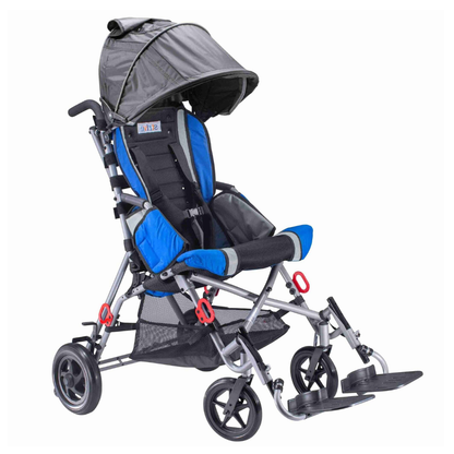 The Circle Specialty Strive Adaptive Stroller is a blue and black pediatric wheelchair stroller featuring a sun canopy, padded seat, safety harness, large rear wheels, small front wheels with footrests, and an under-seat storage basket.