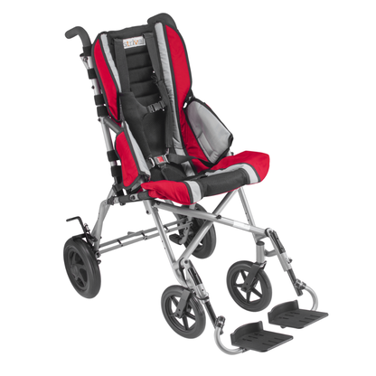 The Circle Specialty Strive Adaptive Stroller is a red and black lightweight pediatric mobility stroller with a reclined seat, safety harness, footrests, large rear wheels, and adjustable support for children with disabilities.