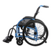 The Strongback Mobility Comfort Small 22S Wheelchair, featuring a blue frame with a black seat and backrest, has 22 rear wheels and small front wheels. Its lightweight design and adjustable footrests ensure enhanced mobility for everyday use.