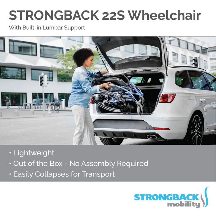 A person places a folded Strongback Mobility Comfort Small 22S Wheelchair into a car trunk. Text highlights its features: lightweight, no assembly needed, easily collapsible for enhanced mobility. The Strongback Mobility logo is displayed at the bottom.