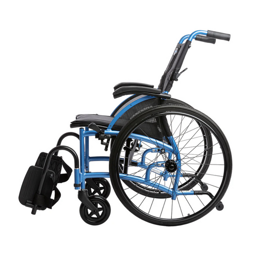 The Strongback Mobility Comfort 24 Flip Wheelchair in blue offers a sleek design with posture support. It features a black seat and backrest, large rear wheels, smaller front wheels, and footrests. This compact, ultralight wheelchair combines style with functionality.