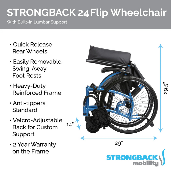 The Strongback Mobility Comfort 24 Flip Wheelchair - Compact & Ultralight offers excellent posture support with its lumbar design, durable frame, quick-release wheels, removable footrests, and folds compactly to 14, providing comfort and convenience for travel.