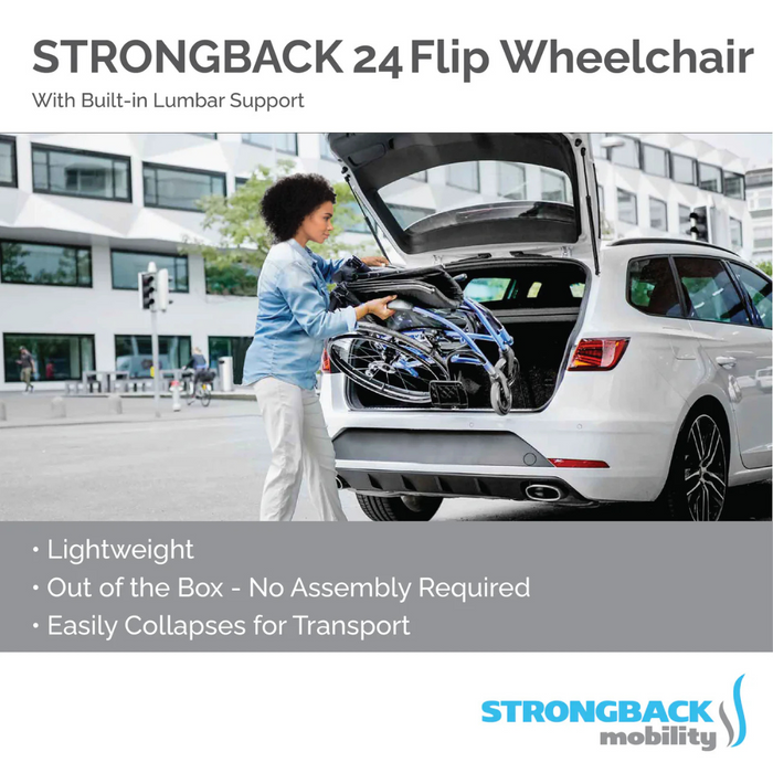 A person puts a folded Strongback Mobility Comfort 24 Flip Wheelchair into a white car trunk. Text highlights: compact, ultralight, no assembly needed, easy collapse, and posture support. STRONGBACK Mobility logo visible; street and buildings in the background.