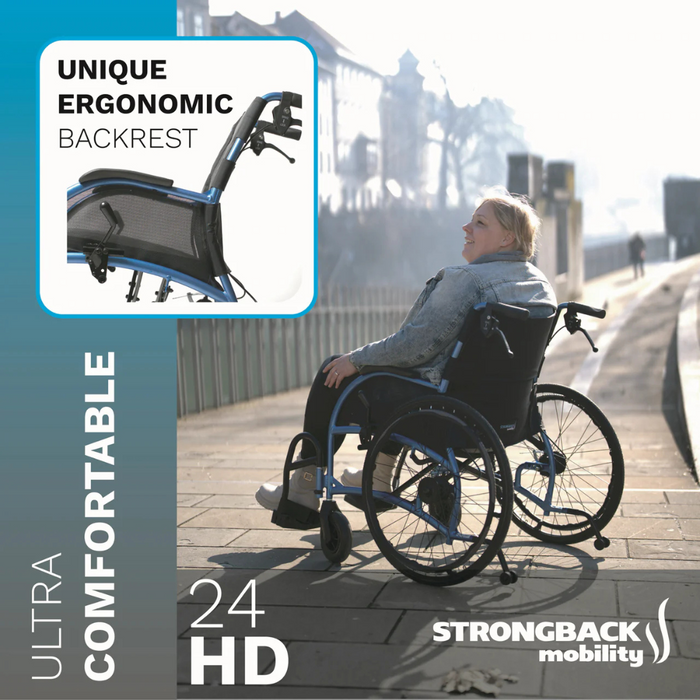 Under a bright sun, a woman enjoys the outdoors in a blue wheelchair that highlights its unique ergonomic backrest. The text reads: Ultra Comfortable, Strongback Mobility 24HD Heavy Duty Wheelchair.