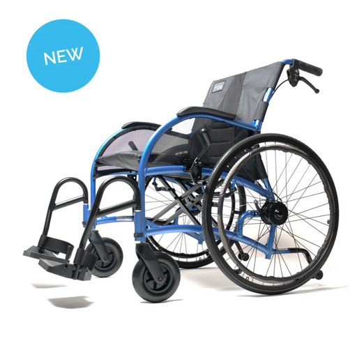 The NEW Strongback Mobility 24HD Heavy Duty Wheelchair in blue features an ergonomic design with a black cushioned seat and backrest, offering lightweight mobility. It includes large rear wheels and smaller front casters for smooth maneuverability.