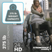 A person is pushed in a Strongback Mobility 24HD Heavy Duty Wheelchair on a cobblestone street, showcasing its ergonomic support and noteworthy 375 lbs weight capacity. Strongback Mobility is visible in the corner, highlighting its durability.