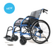 The NEW Strongback Mobility 24HD Heavy Duty Wheelchair in blue features an ergonomic design with a black cushioned seat and backrest, offering lightweight mobility. It includes large rear wheels and smaller front casters for smooth maneuverability.