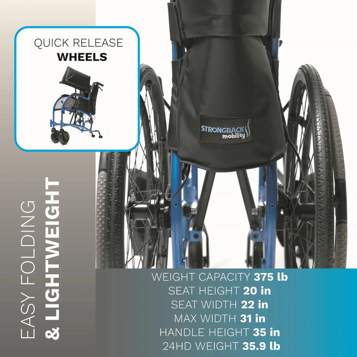 Image of the blue Strongback Mobility 24HD Heavy Duty Wheelchair with ergonomic backrest. Features include easy folding, quick-release wheels, and robust design. Dimensions and weights are listed, highlighting a weight capacity of 375 lb.