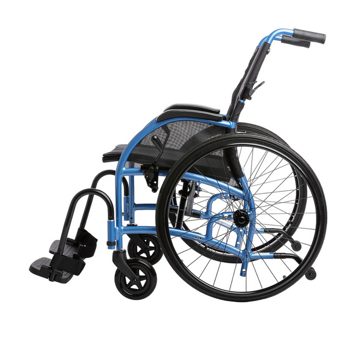 The Strongback Mobility 24 Wheelchair features ergonomic back support, a lightweight design, large rear wheels, smaller front wheels, and is viewed from the side.