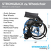 Image of a folded Strongback Mobility 24 Wheelchair showcasing its lightweight, ergonomic design with quick-release rear wheels, removable footrests, durable frame, anti-tippers, lumbar support, and a 2-year frame warranty. Dimensions: 29.5 height x 29 length x 14 width. Includes logos.