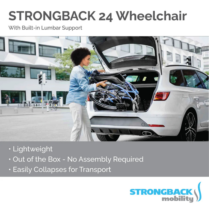 A person loads a folded wheelchair into a white cars trunk on a city street, showcasing the Strongback Mobility 24 Wheelchairs ergonomic design. Its lightweight, requires no assembly, and offers easy transport with superior posture support and lumbar comfort.