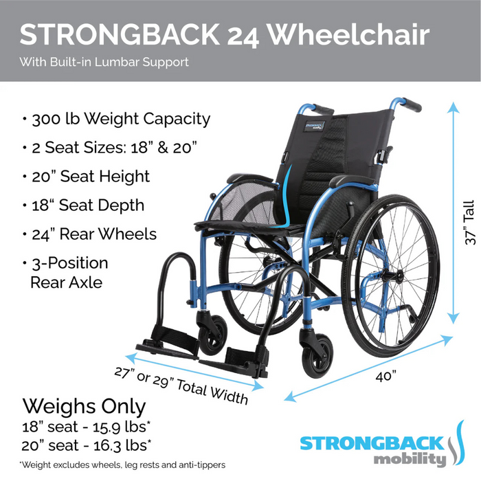 Image of the Strongback Mobility 24 Wheelchair with built-in ergonomic back support and lumbar design. Features: 300 lb capacity, seat sizes of 18/20, 20 height, 18 depth, 24 rear wheels, and a 3-position axle. Total width is 27/29, standing at a height of 37.