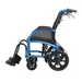 The Strongback Mobility Excursion 12 Transport Wheelchair is an ultralight blue aluminum wheelchair featuring black wheels, a cushioned seat, hand brakes, footrests, and a mesh backrest. Its ergonomic and compact design folds for easy transport.