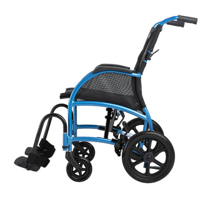 The Strongback Mobility Excursion 12 is an ultralight, ergonomic blue wheelchair with a black cushioned seat and backrest. It features a collapsible design, footrests, large rear wheels for maneuverability, and a posture support system for enhanced comfort.