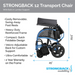 The Strongback Mobility Excursion 12 Transport Wheelchair - Ultralight has a blue frame, black seat with lumbar support, swing-away footrests, heavy-duty frame, velcro-adjustable back, and comes with a 2-year warranty. Dimensions: 25x14x29.5.