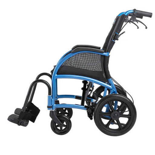 The Strongback Mobility Excursion 12 Transport Wheelchair is an ultralight blue ergonomic chair with padded armrests, a breathable black mesh back, and a foldable footrest. It features large rear wheels and smaller front wheels for easy mobility and comfort.