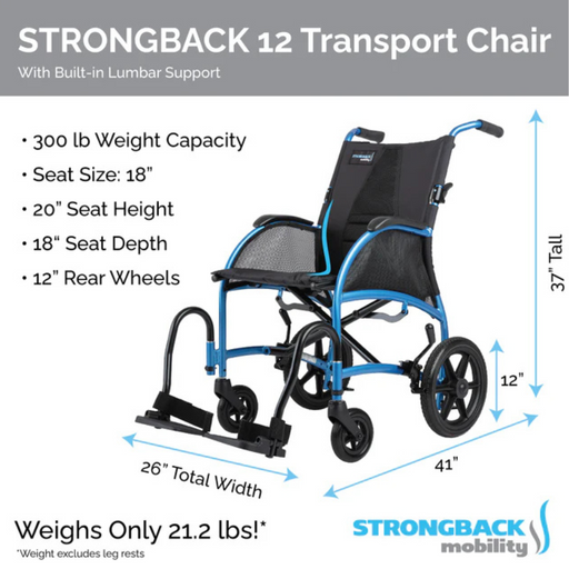 Image of the Strongback Mobility Excursion 12 Transport Wheelchair - Ultralight highlighting its ergonomic features: supports up to 300 lbs with an 18 seat size, built-in spinal support for comfort, weighs just 21.2 lbs, stands at 37 tall, and is a total length of 41.