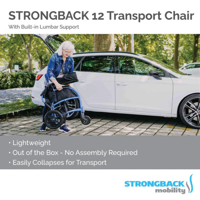 An elderly woman stands by a white car, folding the compact Strongback Mobility Excursion 12 Transport Wheelchair - Ultralight. Its lightweight, requires no assembly, collapses easily, and features ergonomic lumbar support for excellent spinal health.