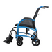 The Strongback Mobility Excursion 8 Transport Wheelchair, weighing just 19 lbs, features a foldable blue aluminum frame, black mesh seat back, and armrests. This ergonomic chair includes four small black wheels and detachable footrests for convenience.