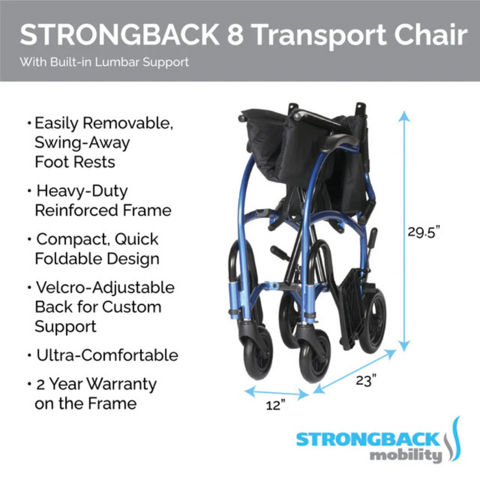 Explore the Strongback Mobility Excursion 8 Transport Wheelchair, weighing only 19 lbs. It features a foldable, ergonomic design, easily removable footrests, a reinforced frame, velcro-adjustable back for custom comfort, ultra-comfort support, and includes a 2-year warranty. Dimensions: 29.5 x 23 x 12.