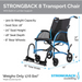 Image of a Strongback Excursion 8 wheelchair with ergonomic design. Supports 300 lbs, has an 18 seat width, 20 seat height, foldable for convenience, and features 8 rear wheels. Dimensions: 41x25x37. Weighs only 19 lbs. Strongback Mobility logo included.