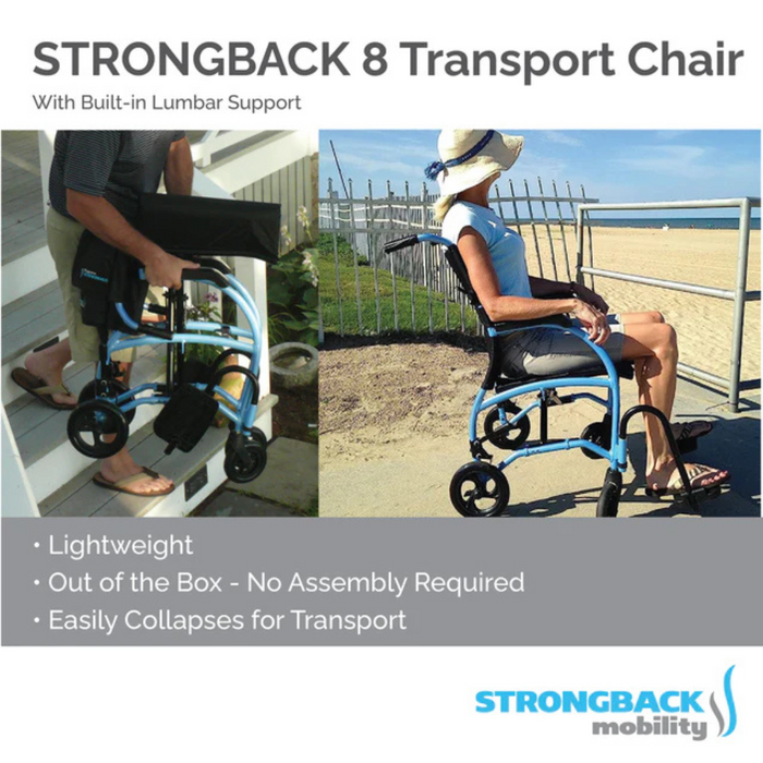 Image of the Strongback Mobility Excursion 8 Transport Wheelchair, weighing only 19 lbs, with built-in lumbar support and ergonomic mobility. Features a person lounging by a beach and showcases its foldable design. Highlights include being lightweight, collapsible, and requiring no assembly.