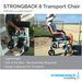 Image of the Strongback Mobility Excursion 8 Transport Wheelchair, weighing only 19 lbs, with built-in lumbar support and ergonomic mobility. Features a person lounging by a beach and showcases its foldable design. Highlights include being lightweight, collapsible, and requiring no assembly.