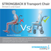 Diagram comparing a standard wheelchair and the Strongback Mobility Excursion 8 Transport Wheelchair, Only 19 lbs. The standard chair shows slouched posture with a red X, while the Strongback chair features ergonomic benefits and lumbar support for an upright posture with a green check.