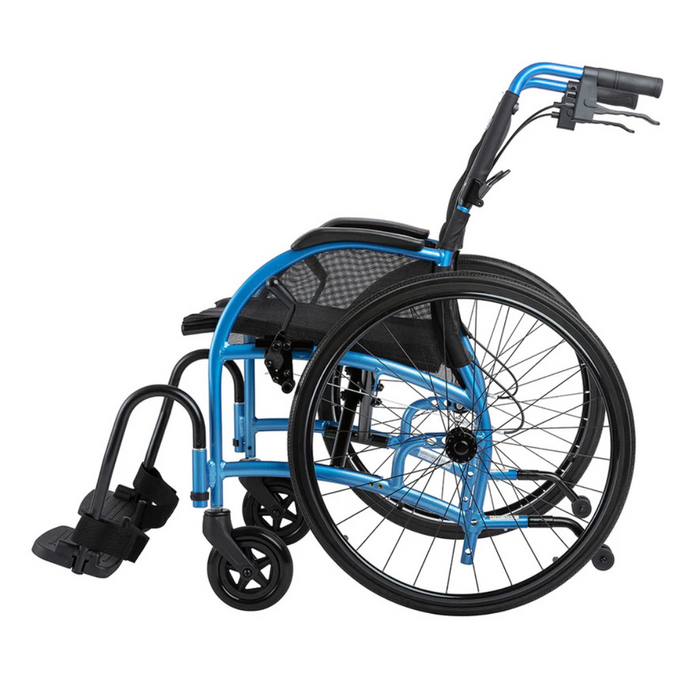 The Strongback Mobility 24 Wheelchair, in blue and black, boasts a lightweight ergonomic design with large rear wheels, small front wheels, a footrest, and handle hand brakes. Shown side profile against a white background.