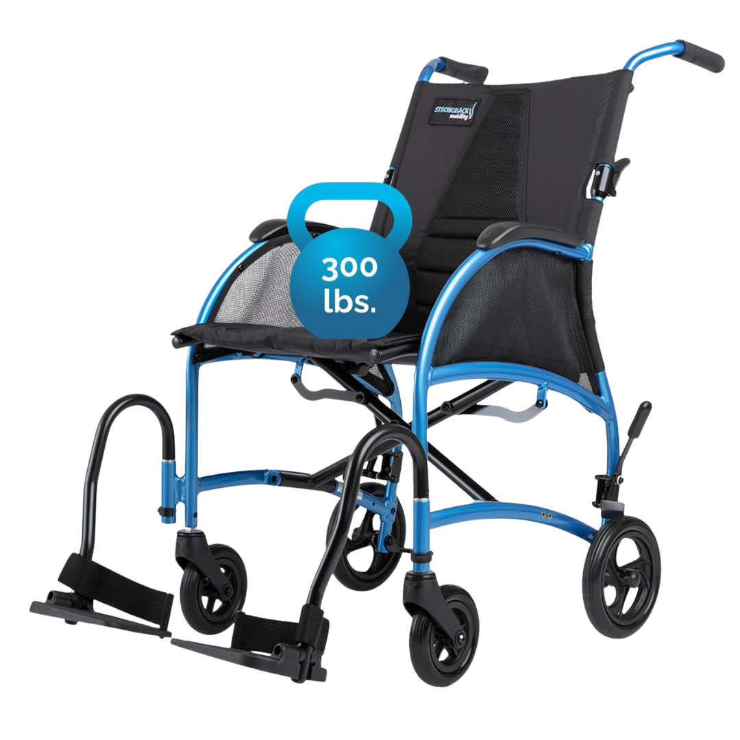 The Strongback Mobility Excursion 8 Transport Wheelchair weighs only 19 lbs, features blue and black colors, ergonomic design, footrests, small wheels, and displays a 300 lbs weight limit icon on the seat.