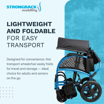 A Strongback Mobility Excursion 12 Transport Wheelchair - Ultralight in blue is folded for transport. This ergonomic wheelchair is lightweight, foldable, and perfect for adults and seniors who want easy travel and storage.