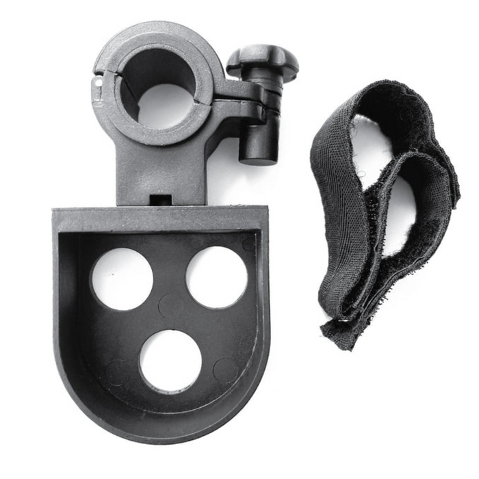 The Strongback Mobility Accessories features a black plastic bracket with three circular holes and a worn black strap, functioning as a cane holder with Velcro fastening, all set against a white background.