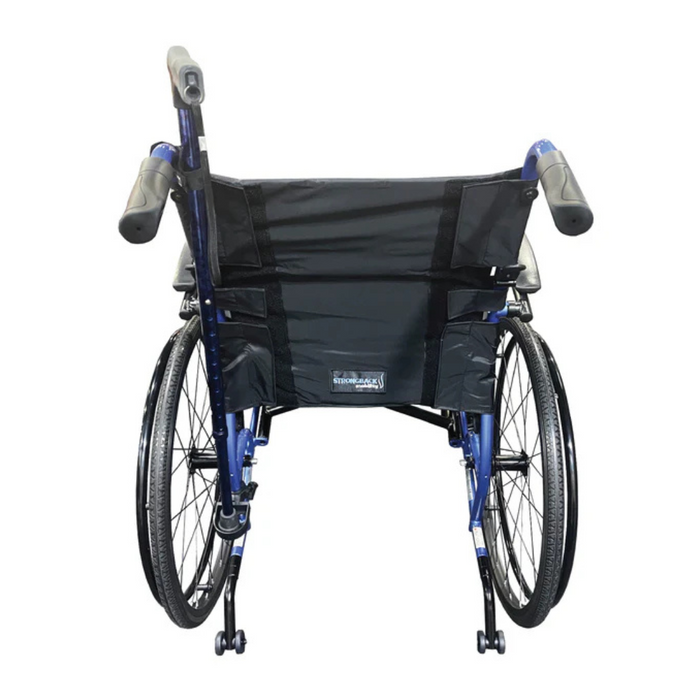 The image displays the back view of a Strongback Mobility Accessories wheelchair in black and blue, equipped with large rear wheels, small front wheels, a canvas seat, push handles, and a mobility seatbelt for enhanced safety.