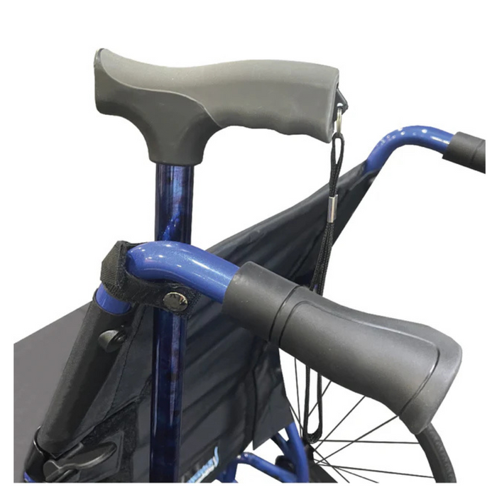 Up-close view of a blue walker with ergonomic gray handles, a padded seat, and a black strap serving as a mobility seatbelt attached to one handle. Product: Strongback Mobility Accessories.