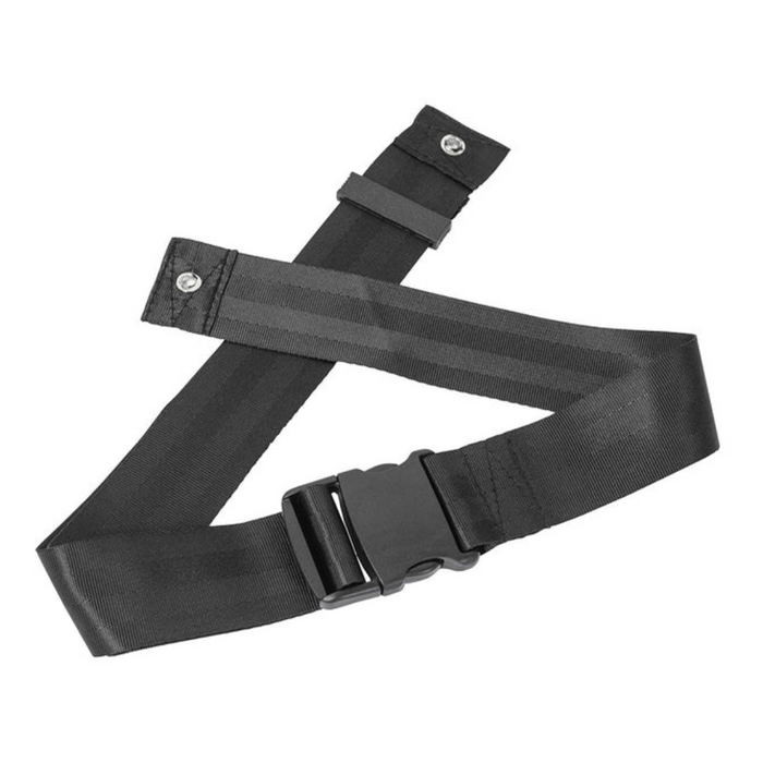 The Strongback Mobility Accessories features a black adjustable strap with a plastic buckle and metal fasteners, possibly for a wheelchair backpack or harness. It includes two reflective stripes and is displayed on a plain white background.