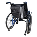 The Strongback Mobility Accessories include a durable blue wheelchair with sturdy black armrests and footrests for comfort. A versatile large black backpack, featuring multiple pockets and reflective stripes for safety, is attached to the back, enhancing mobility.