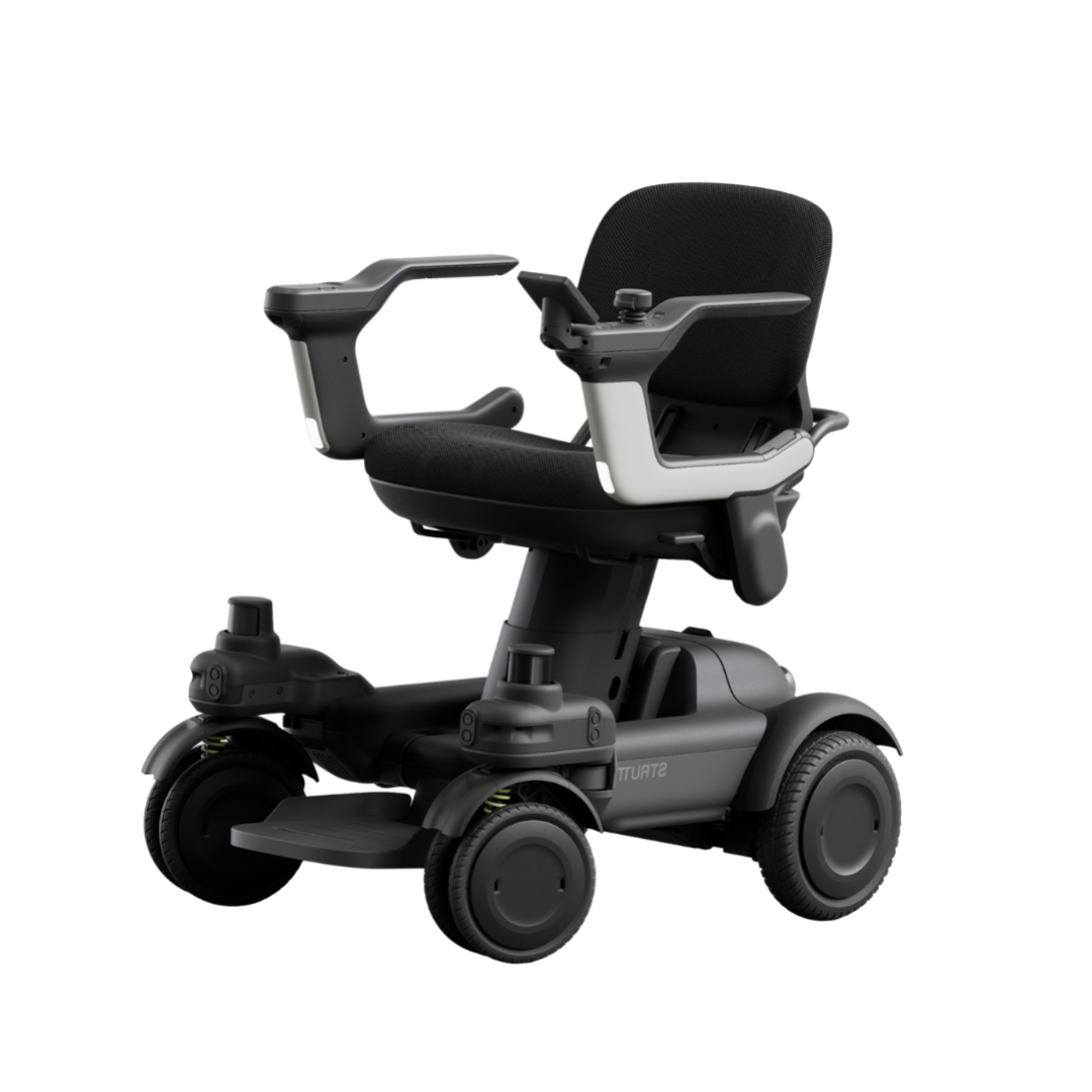 Introducing the STRUTT Electric Vehicle ev1 – a sleek, black four-wheeled mobility scooter featuring armrests and a comfortable seat for enhanced personal transportation and accessibility. Designed with guided sensors to help you drive smarter, this product is not a medical device; please consult the specifications for further details.