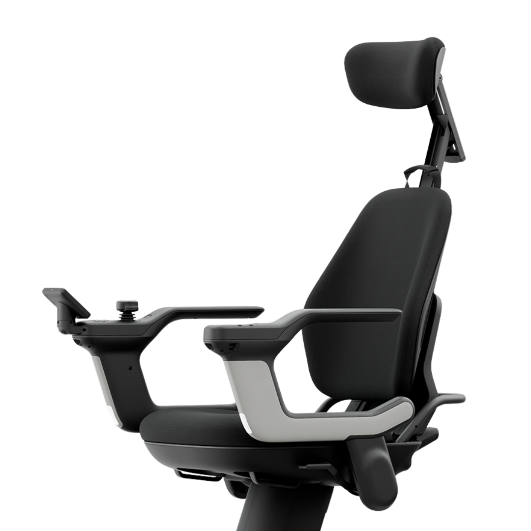 A modern, ergonomic black chair with armrests, a joystick control on one arm, and an adjustable headrest—reminiscent of the STRUTT Electric Vehicle ev1 driver’s seat—seen from a side angle against a white background.