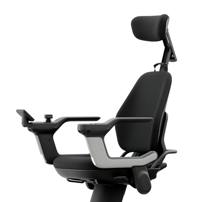 A modern, ergonomic black chair with armrests, a joystick control on one arm, and an adjustable headrest—reminiscent of the STRUTT Electric Vehicle ev1 driver’s seat—seen from a side angle against a white background.