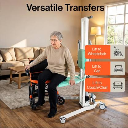 An elderly woman uses the SuperHandy Bariatric Transfer Floor Lift & Sit-to-Stand to move from an orange wheelchair to a green seat in her living room, ensuring caregiver safety. Text reads: Versatile Transfers—Wheelchair, Car, Couch/Chair.