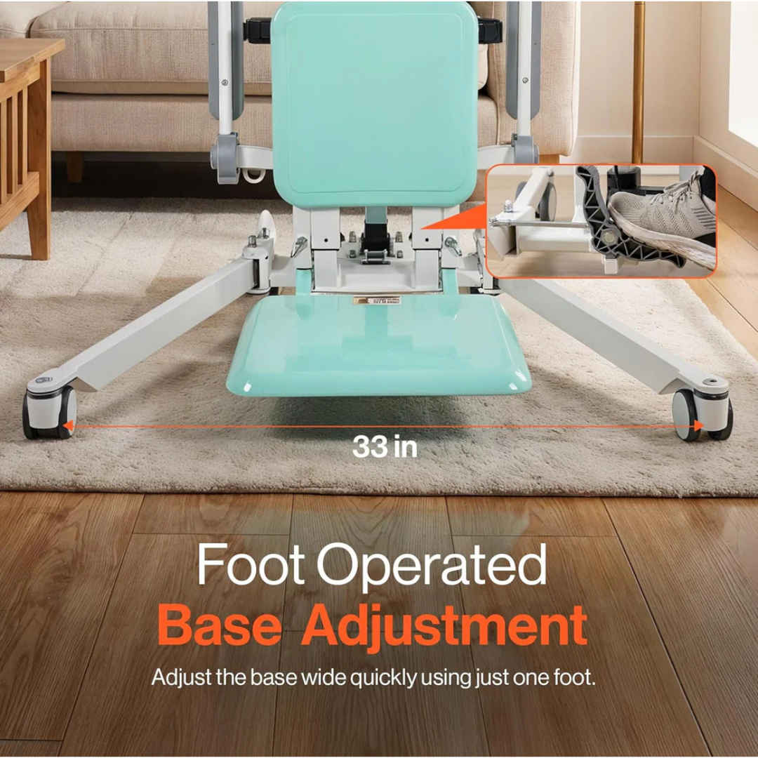 A SuperHandy Bariatric Transfer Floor Lift & Sit-to-Stand in light blue with white wheeled legs is shown being adjusted to 33” wide via a foot pedal. On-screen text: “Foot Operated Base Adjustment.”.