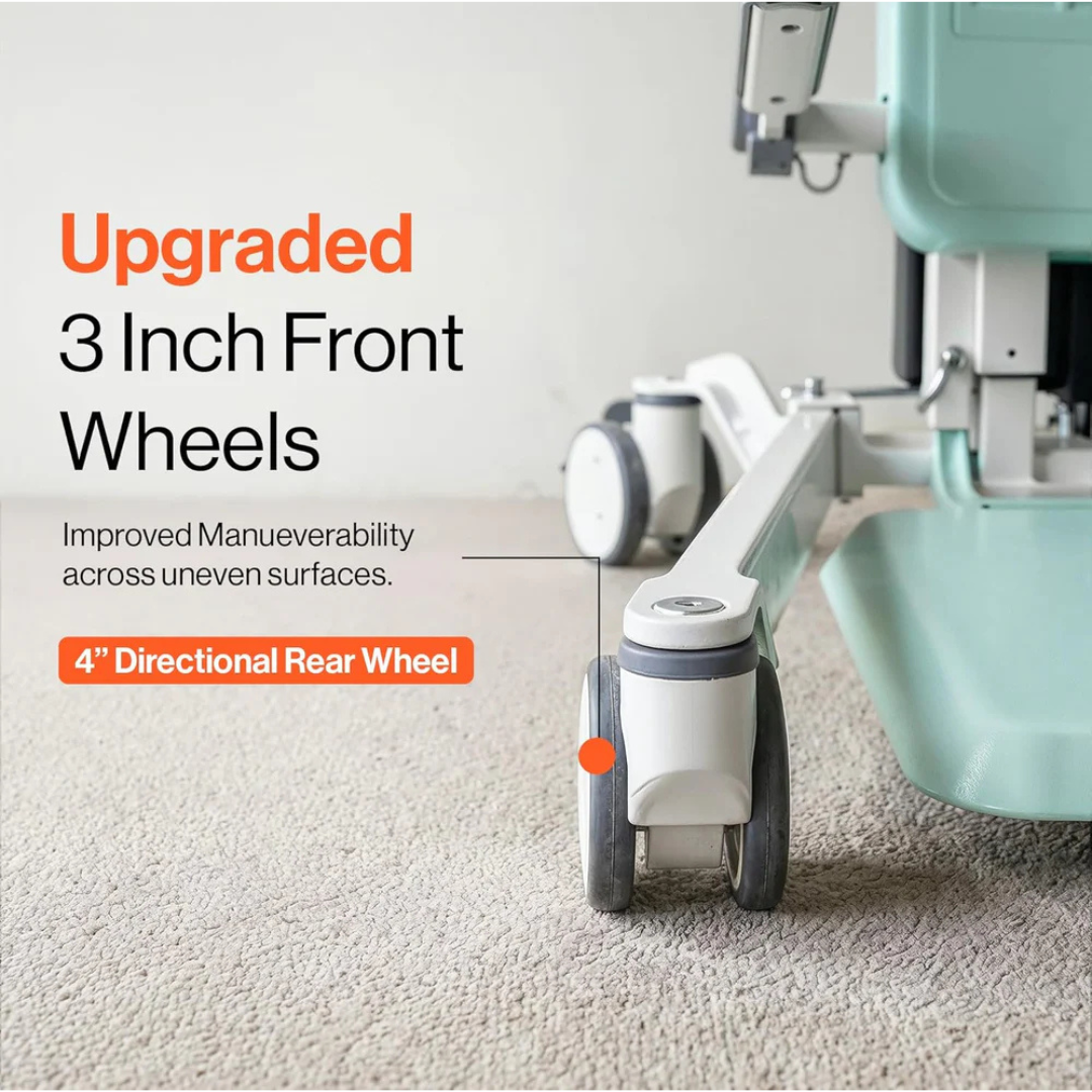 Close-up of the SuperHandy Bariatric Transfer Floor Lift & Sit-to-Stand featuring upgraded 3-inch front wheels and a 4-inch directional rear wheel on carpet, improving maneuverability and caregiver safety for elderly users on uneven surfaces.