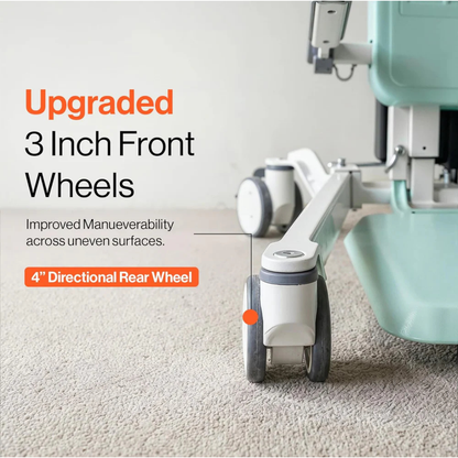 Close-up of the SuperHandy Bariatric Transfer Floor Lift & Sit-to-Stand featuring upgraded 3-inch front wheels and a 4-inch directional rear wheel on carpet, improving maneuverability and caregiver safety for elderly users on uneven surfaces.
