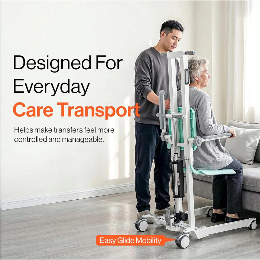 A man assists an older woman in using the SuperHandy Bariatric Transfer Floor Lift & Sit-to-Stand, emphasizing caregiver safety. Text highlights its use for controlled, manageable transfers in a bright living room.